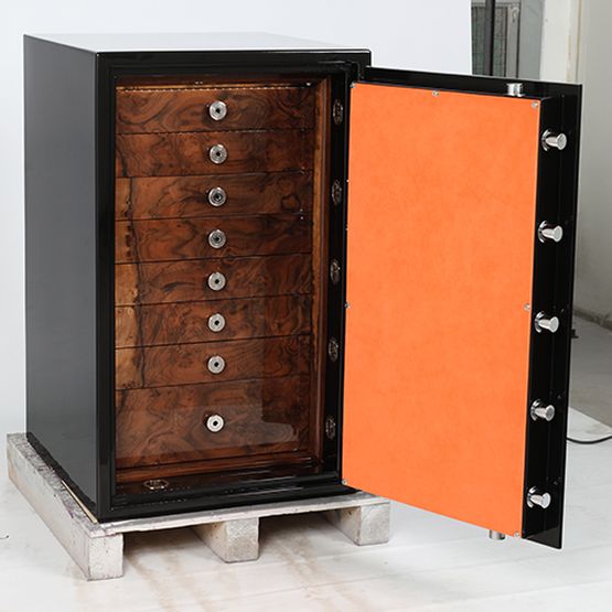 Black High Gloss Lacquer And Burnt Orange Grade 1 Jewellery Safe - Johnson's Of Lichfield Luxury Safes